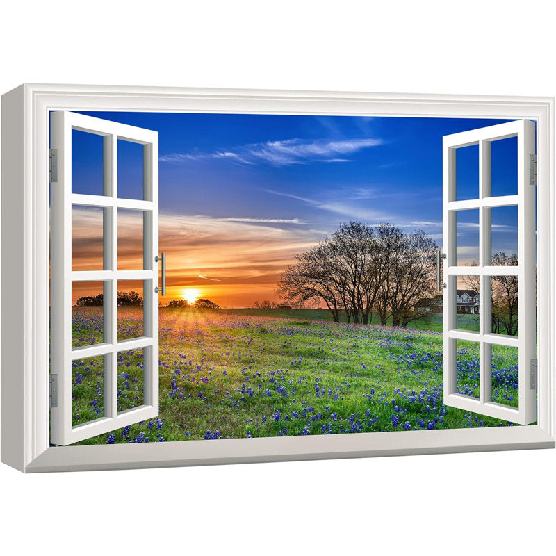 Sunrise View Through Window with Wildflowers in Spring Field - Canvas Wall Art