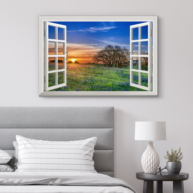 Sunrise View Through Window with Wildflowers in Spring Field - Canvas Wall Art