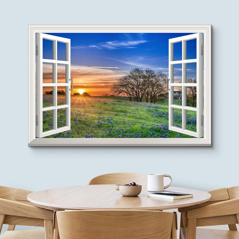 Sunrise View Through Window with Wildflowers in Spring Field - Canvas Wall Art