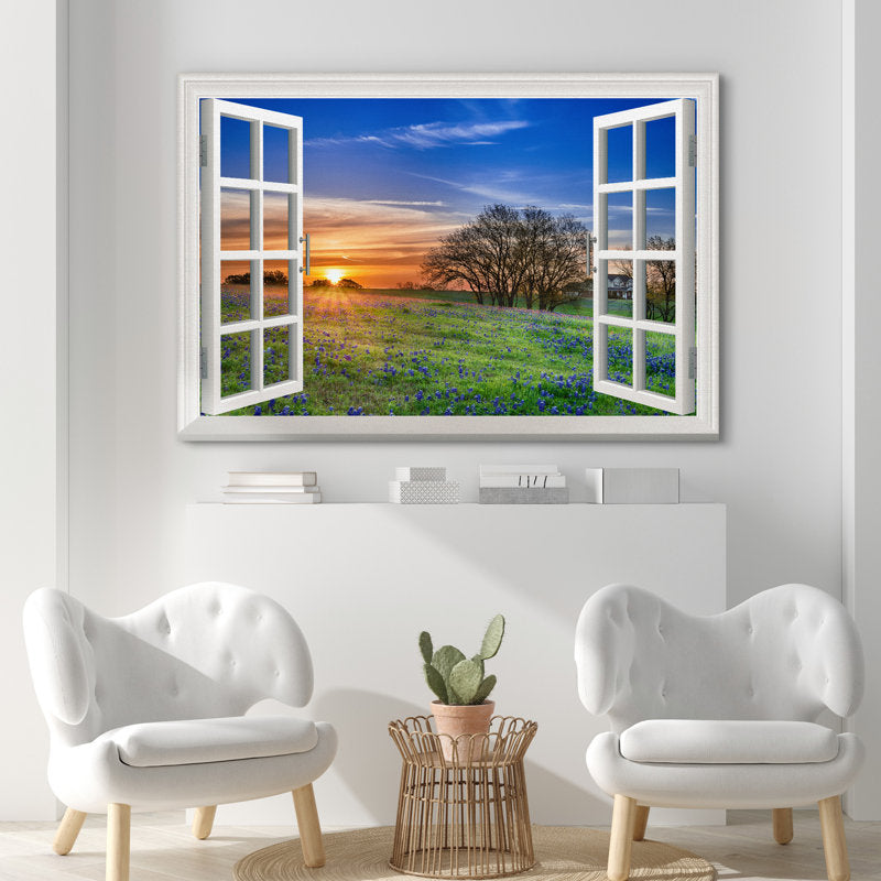 Sunrise View Through Window with Wildflowers in Spring Field - Canvas Wall Art