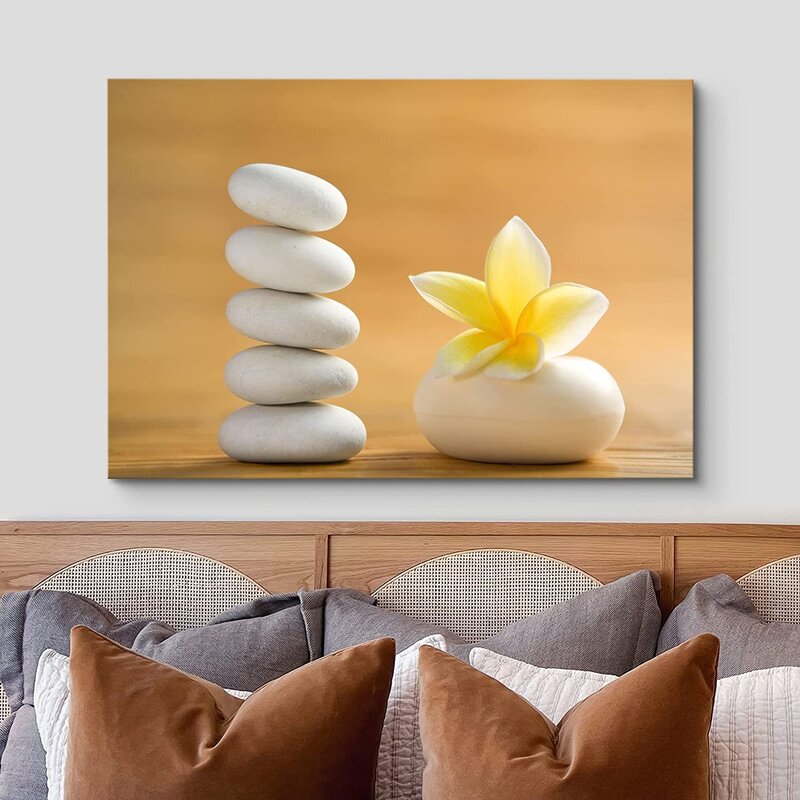 Tranquil Oil Painting of Zen Stones and Blooming White Plumeria Flower