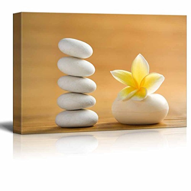 Tranquil Oil Painting of Zen Stones and Blooming White Plumeria Flower