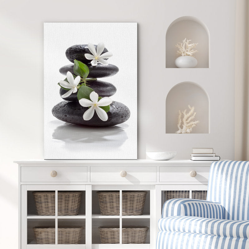 Calming Zen Stones with Plumeria Flowers for Relaxing Bathroom Wall Art