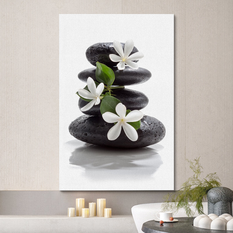 Calming Zen Stones with Plumeria Flowers for Relaxing Bathroom Wall Art