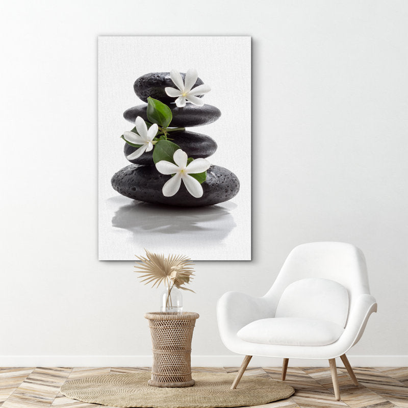 Calming Zen Stones with Plumeria Flowers for Relaxing Bathroom Wall Art