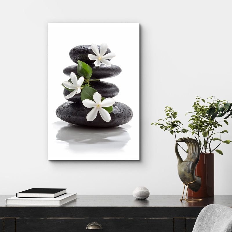 Calming Zen Stones with Plumeria Flowers for Relaxing Bathroom Wall Art