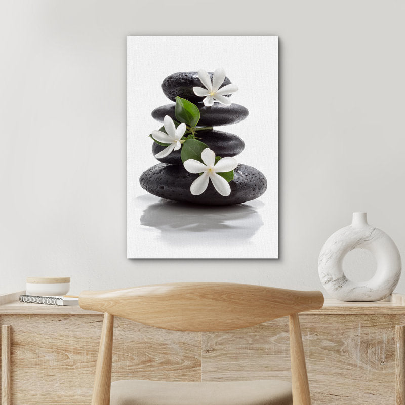 Calming Zen Stones with Plumeria Flowers for Relaxing Bathroom Wall Art