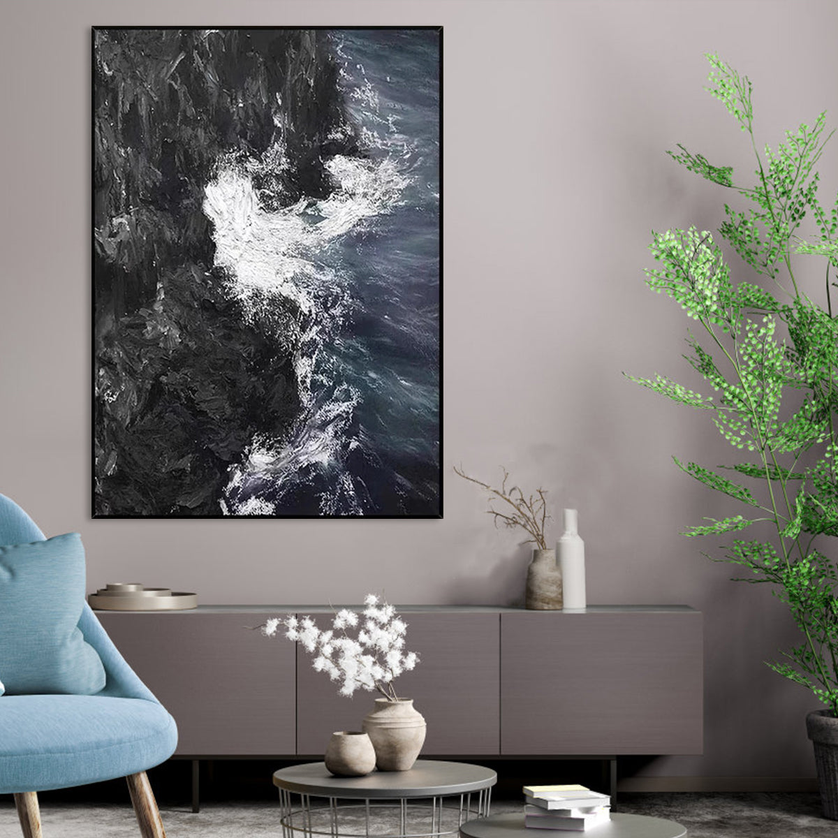 Dynamic Ocean Waves Abstract Oil Painting for Modern Home Decor
