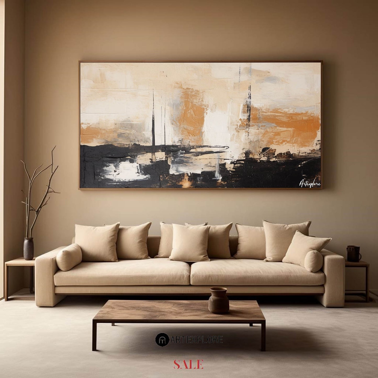 Contemporary Black and Beige Abstract Oil Painting for Modern Decor