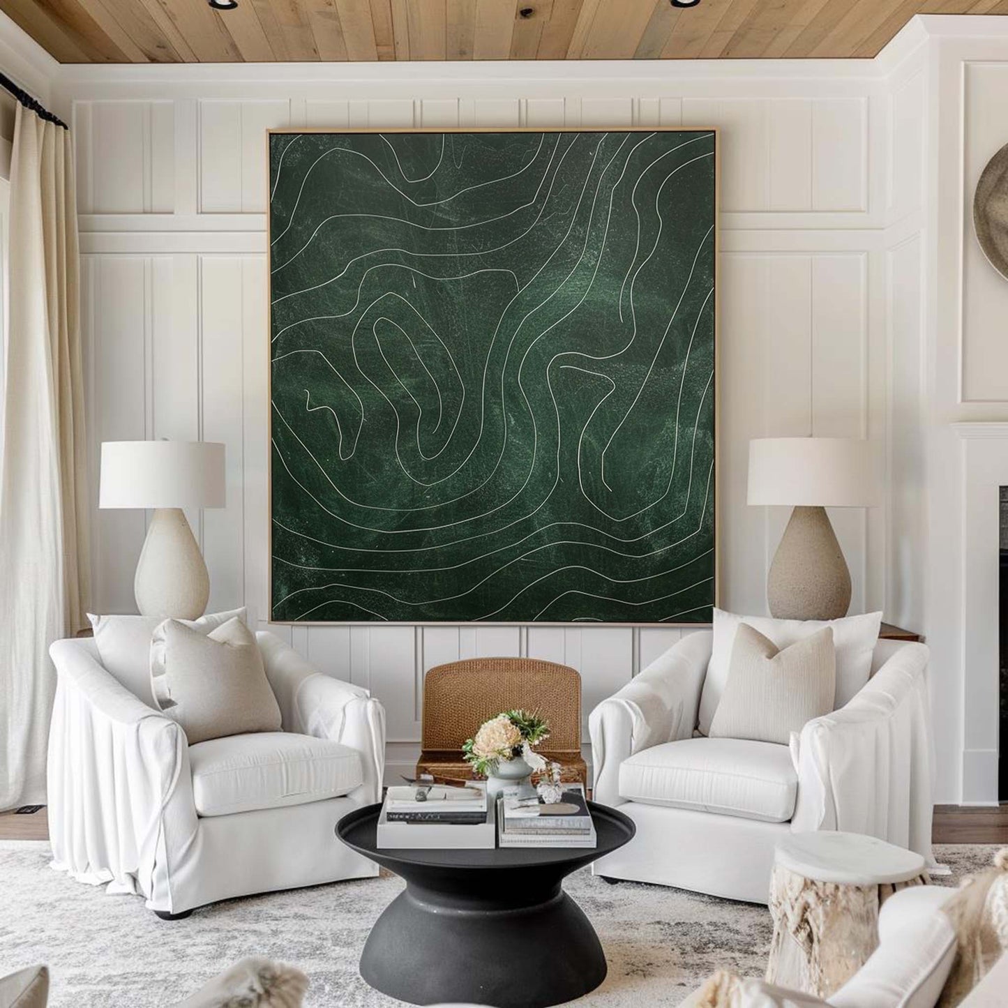 Contemporary Green Abstract Oil Painting with Dynamic Line Work