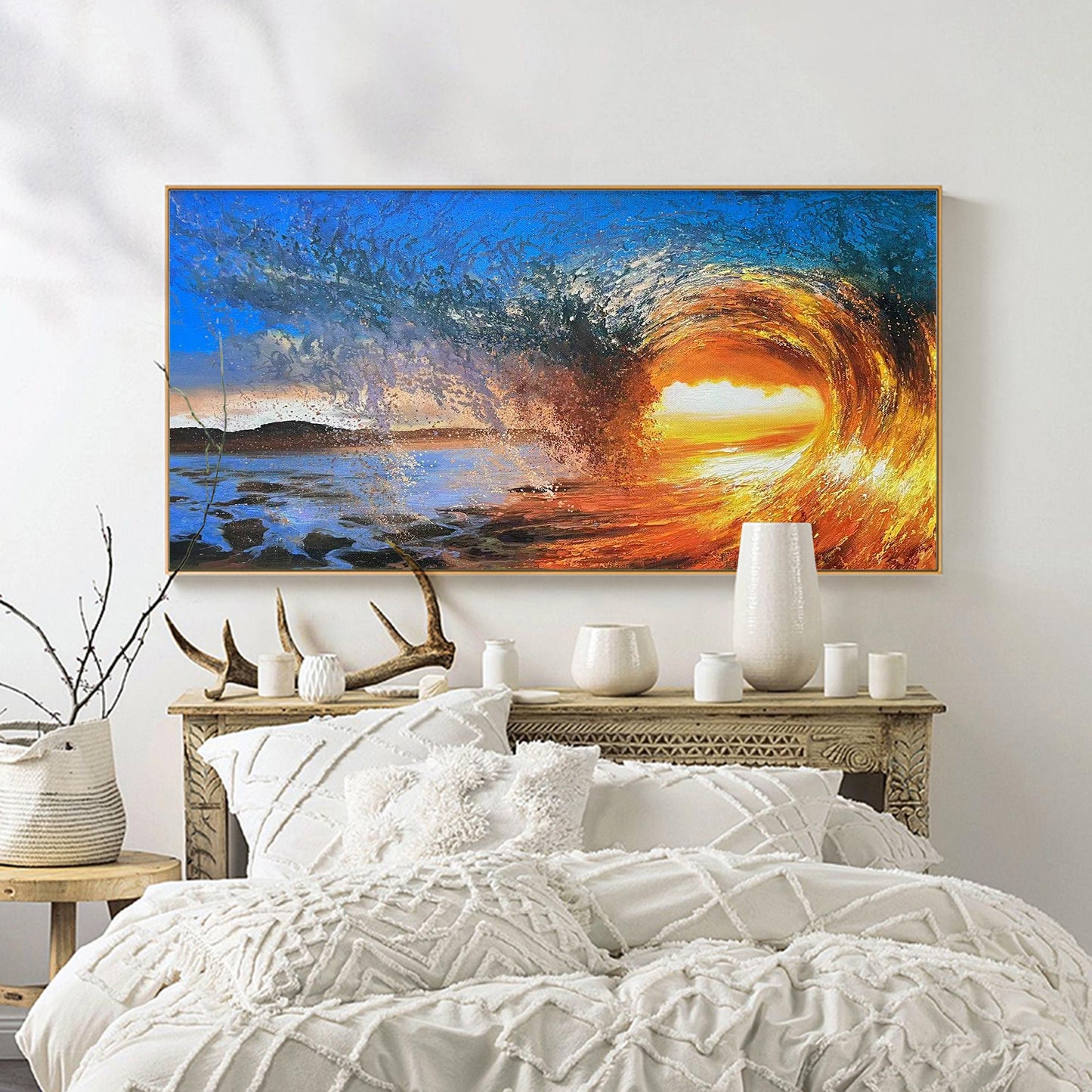 Vibrant Sunset Wave Over Ocean - Stunning Oil Painting for Beach Lovers
