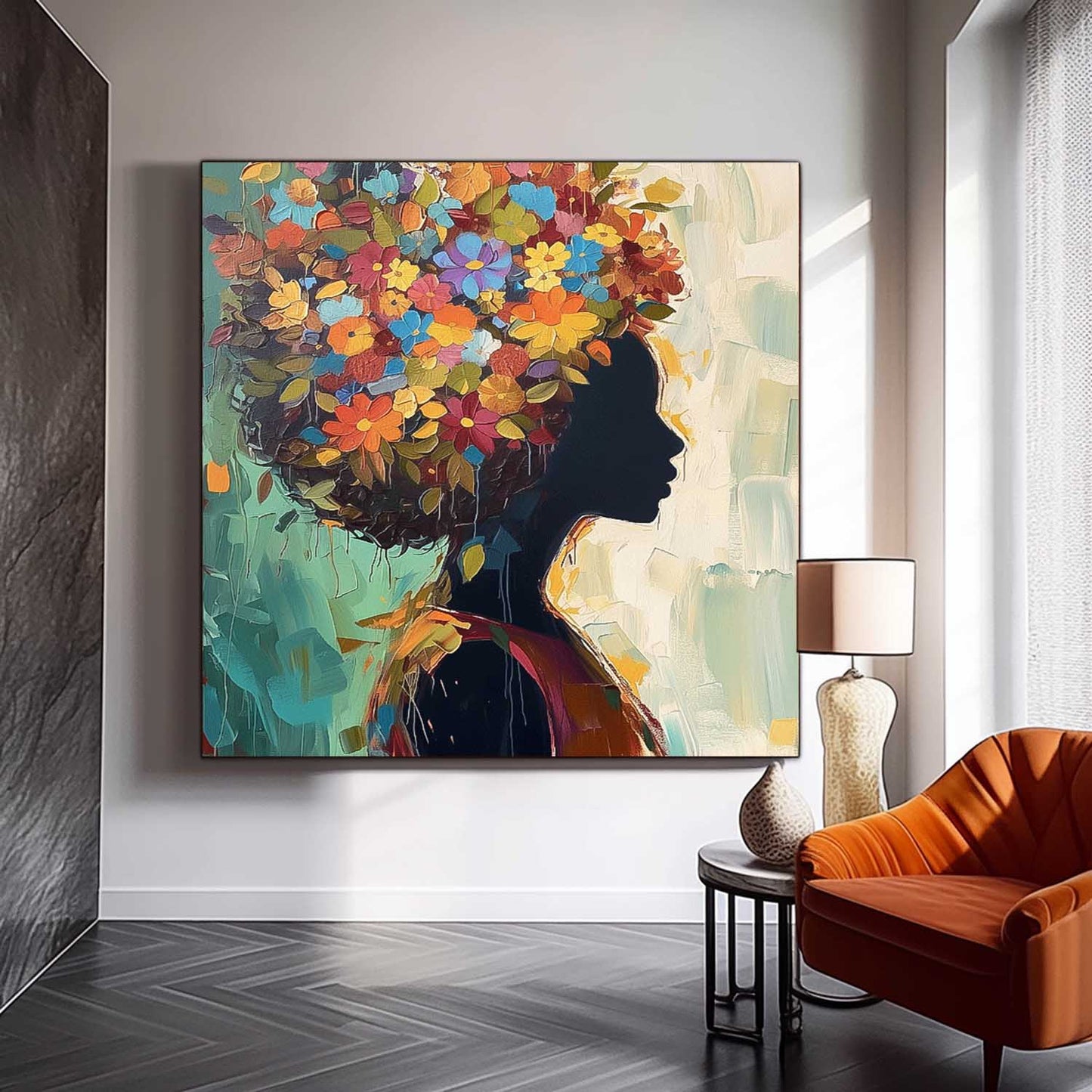 Colorful Floral Silhouette Oil Painting | Vibrant Canvas Wall Art for Home Decor
