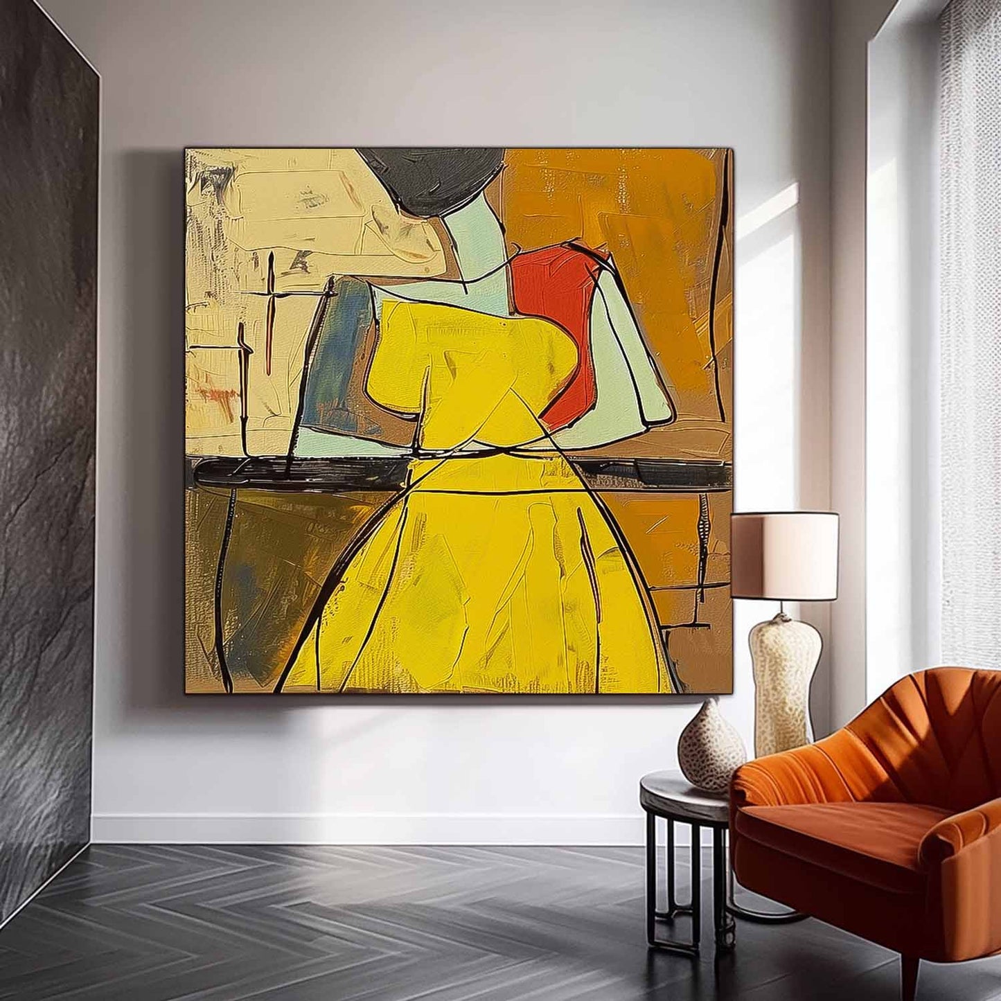 Colorful Abstract Oil Painting of a Woman in Yellow Dress - Modern Canvas Art