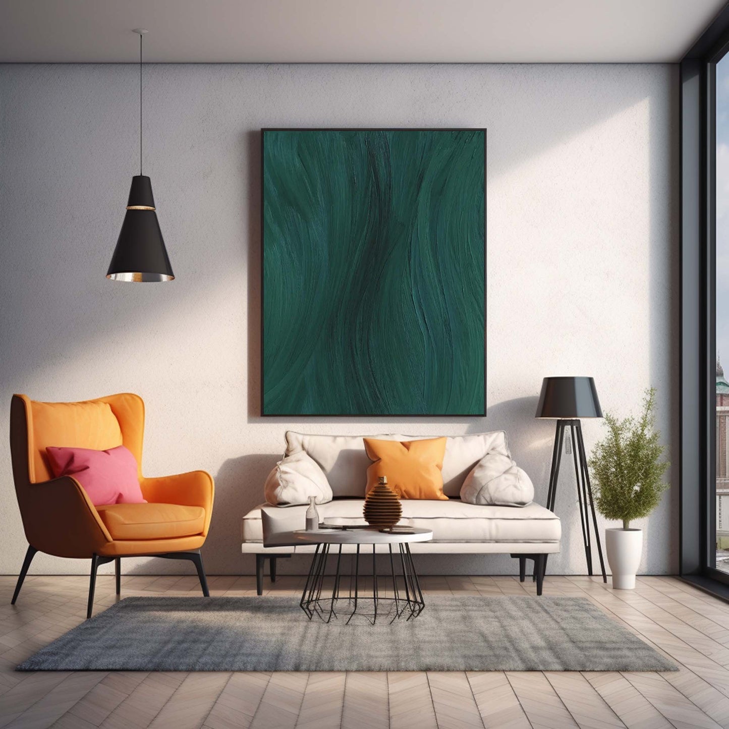 Abstract Green Waves - Elegant Minimalist Oil Painting for Modern Decor