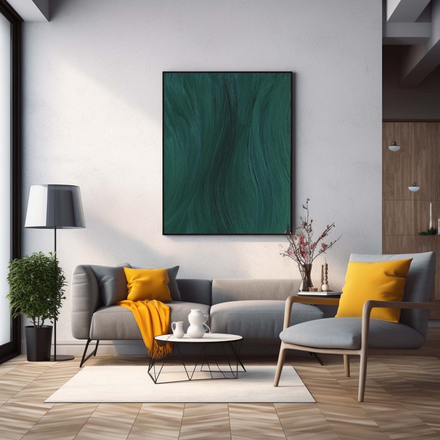 Abstract Green Waves - Elegant Minimalist Oil Painting for Modern Decor