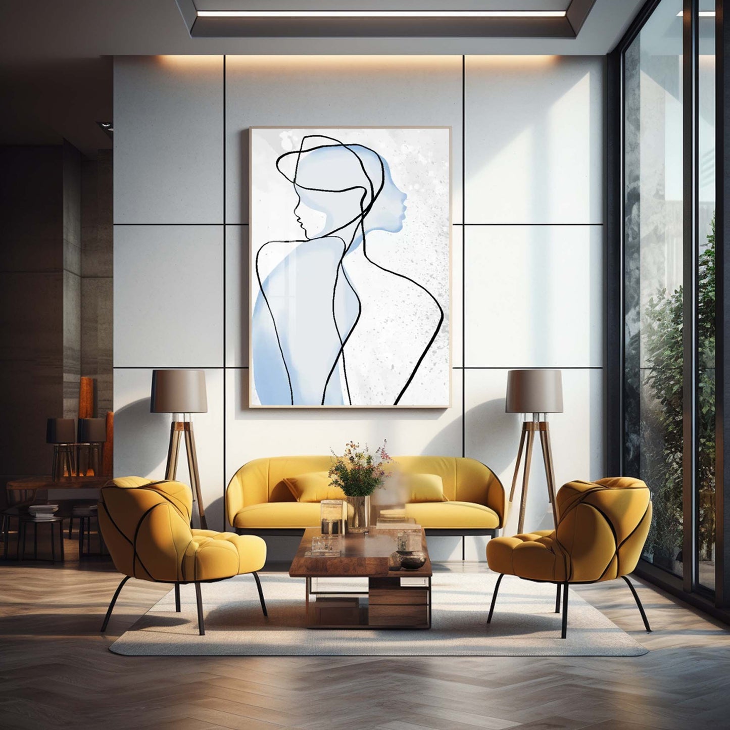 Contemporary Abstract Oil Painting of Blue Silhouetted Figures on Canvas