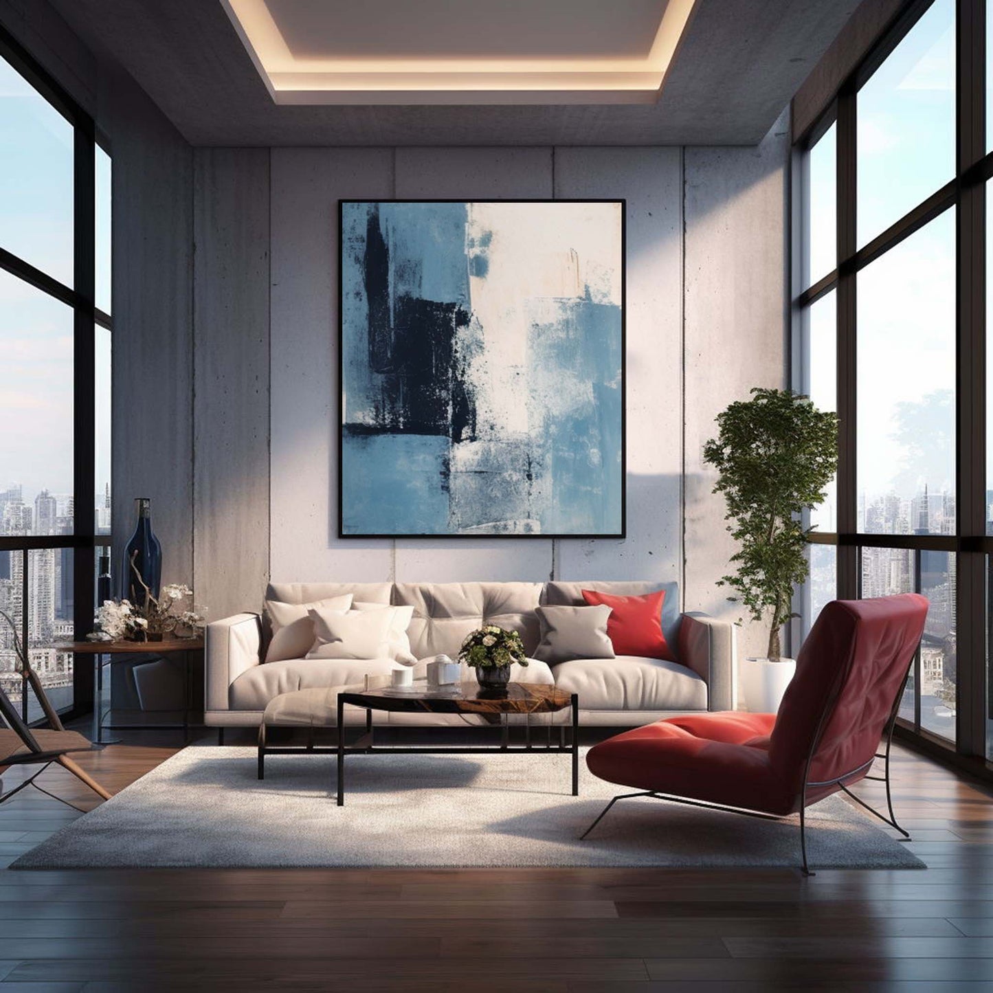 Calming Blue Abstract Oil Painting for Modern Home Decor