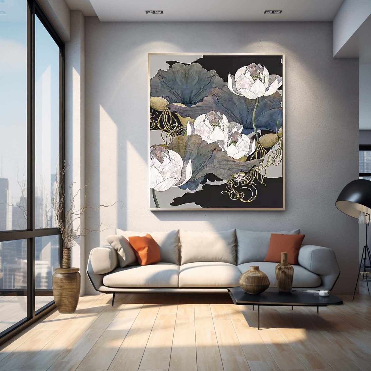 Elegant Flower Oil Painting - Serene Lotus Floral Wall Art for Home Decor