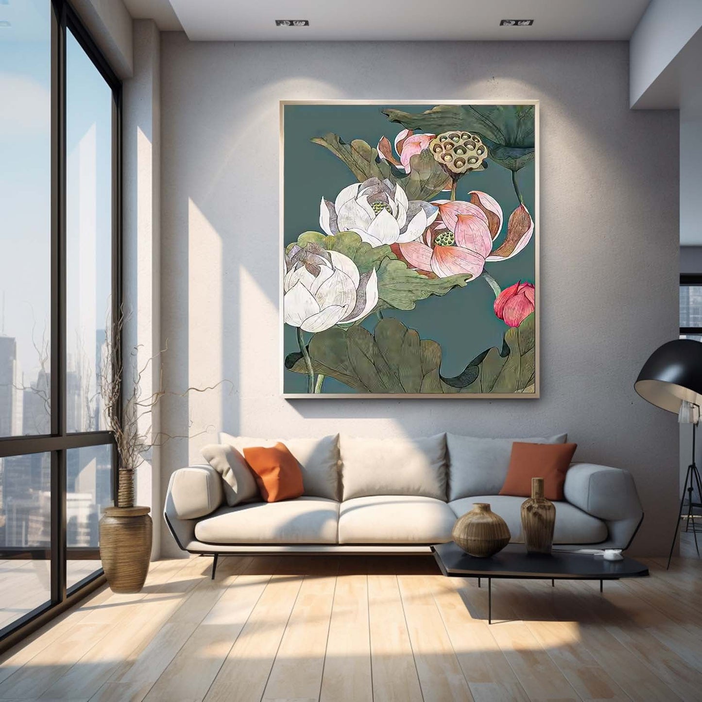 Elegant Lotus Flower Oil Painting on Canvas for Home Decor