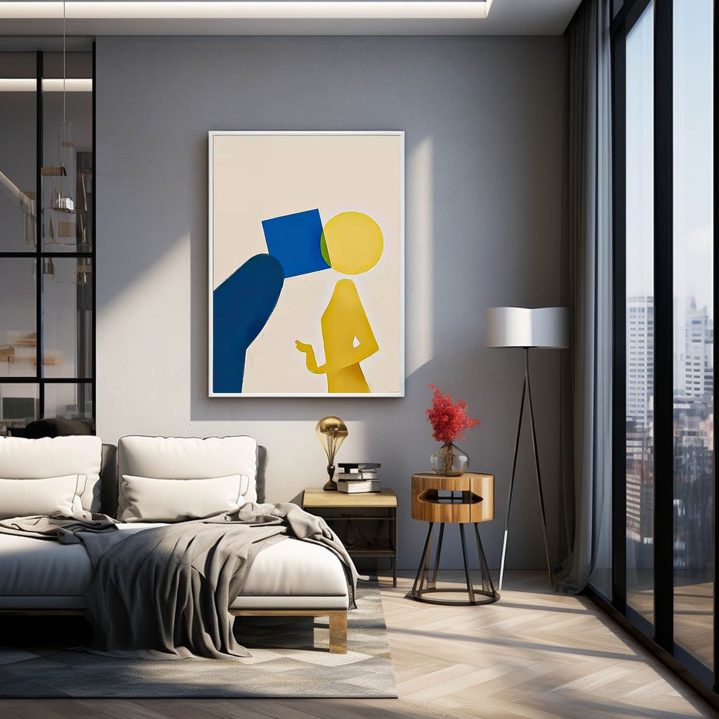 Modern Minimalist Oil Painting with Abstract Figures and Bold Colors
