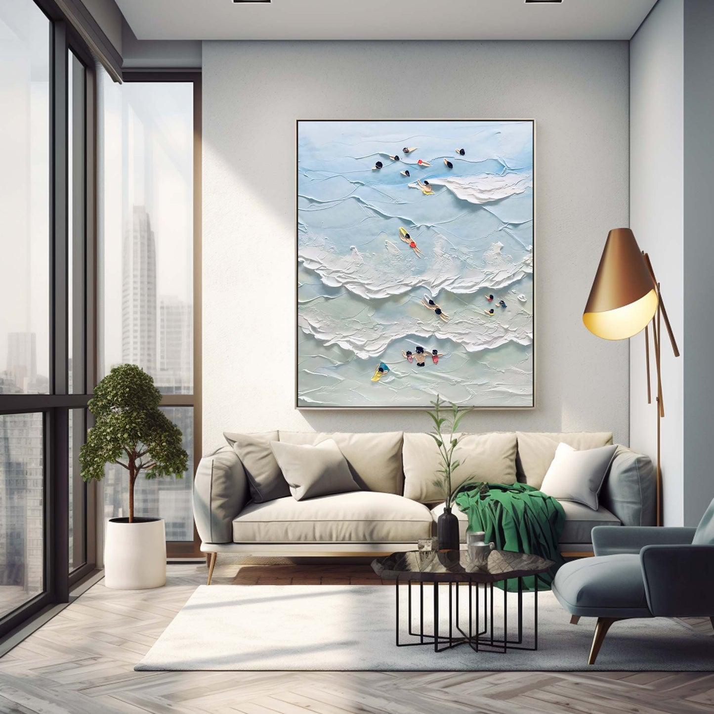 Vibrant Beach Scene Oil Painting with Swimmers and Ocean Waves