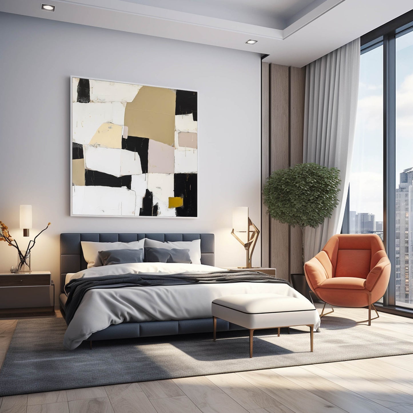 Contemporary Abstract Oil Painting in Black, White, and Gold Tones for Modern Interiors