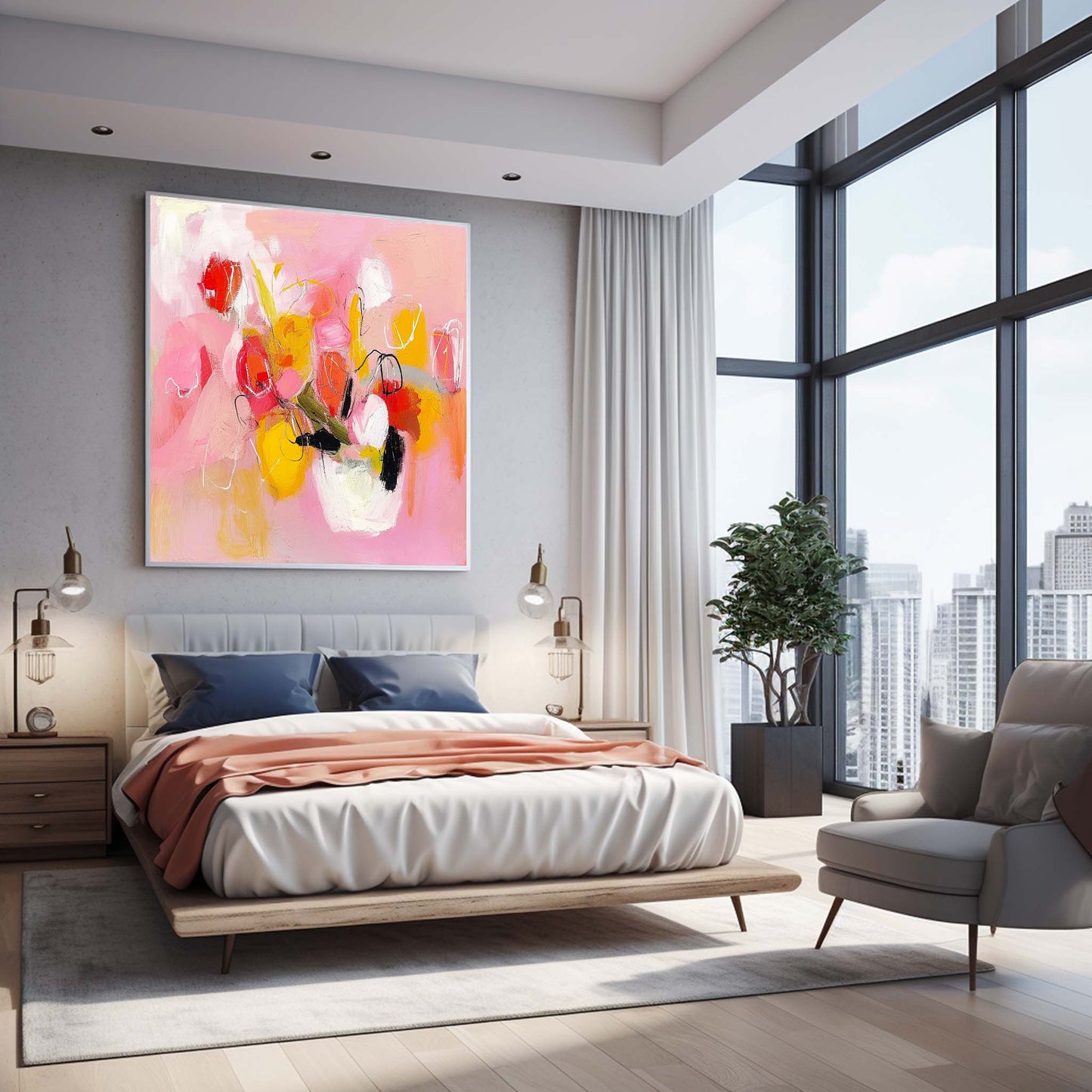 Vibrant Abstract Floral Oil Painting on Canvas - Colorful Modern Art for Home Décor