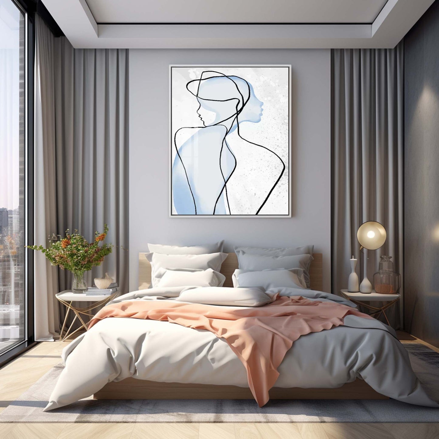 Contemporary Abstract Oil Painting of Blue Silhouetted Figures on Canvas