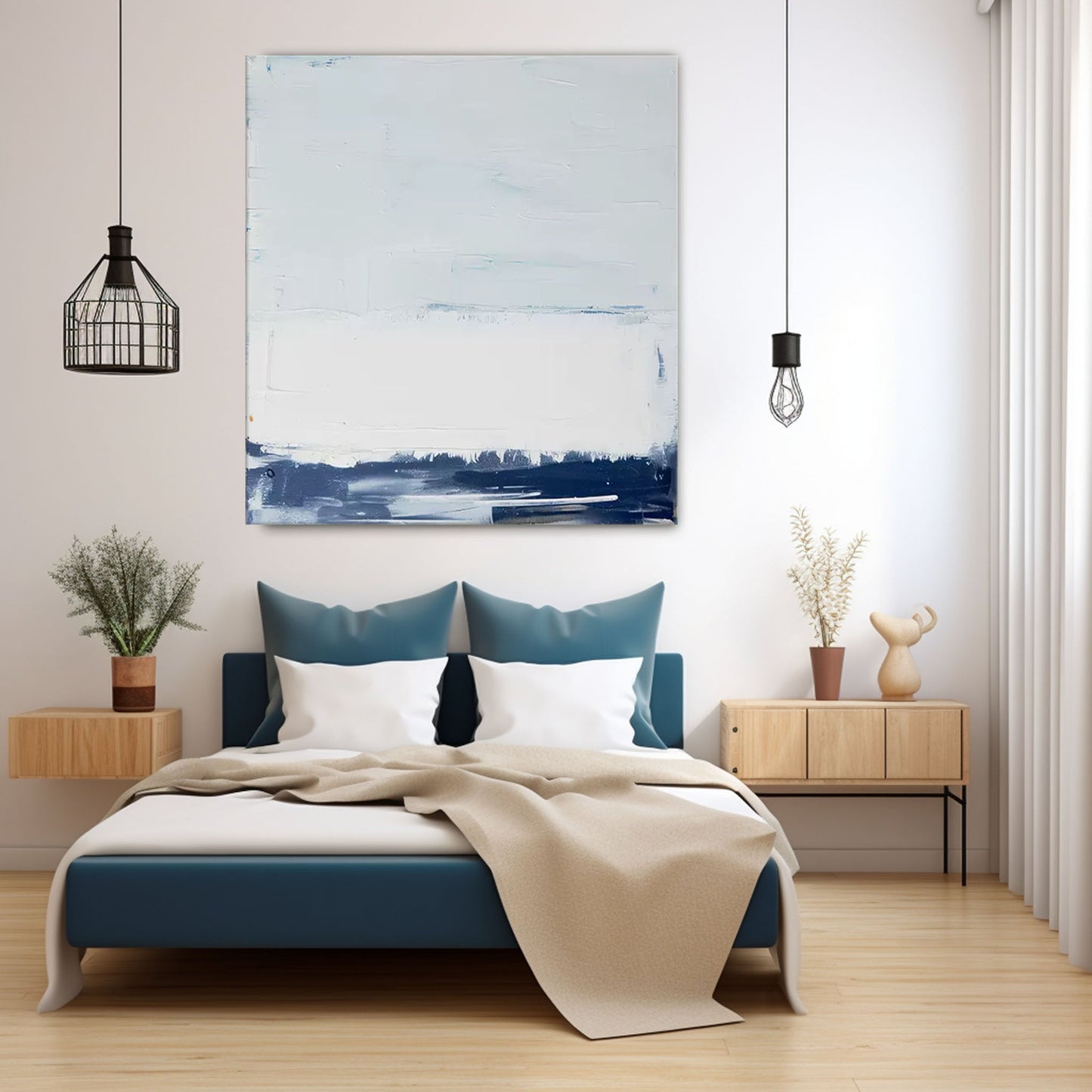 Serene Minimalist Blue and White Oil Painting for Modern Home Decor