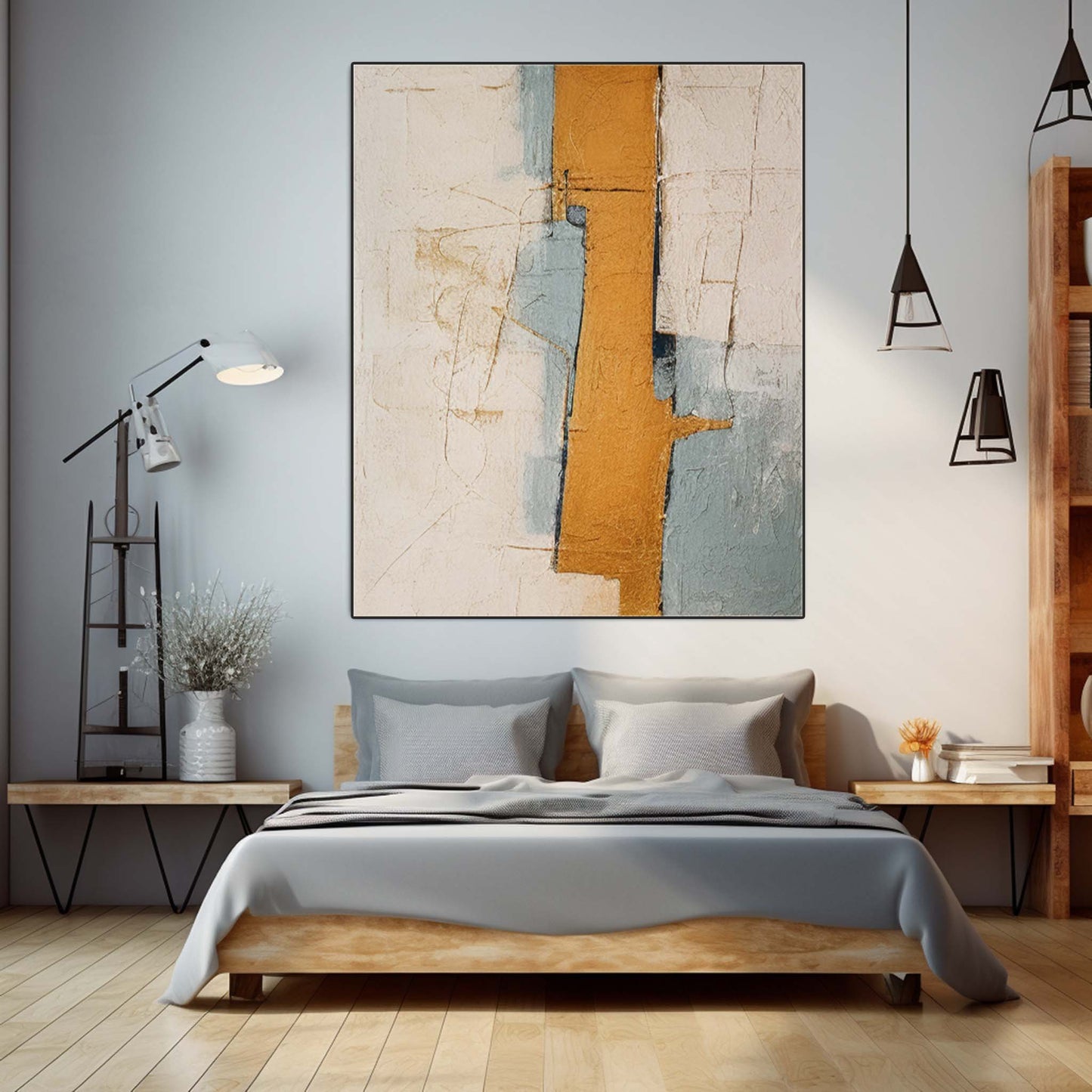 Contemporary Abstract Oil Painting with Warm Gold and Cool Blue Tones