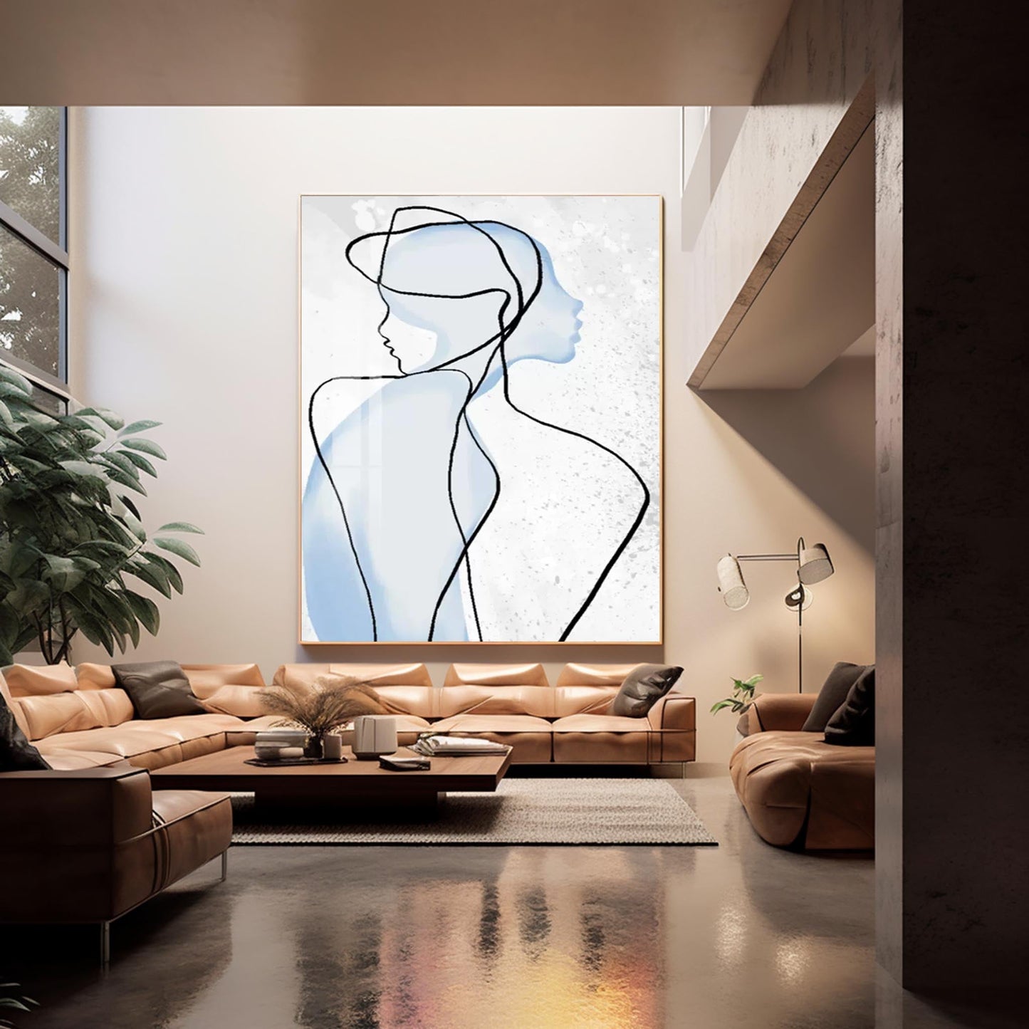 Contemporary Abstract Oil Painting of Blue Silhouetted Figures on Canvas