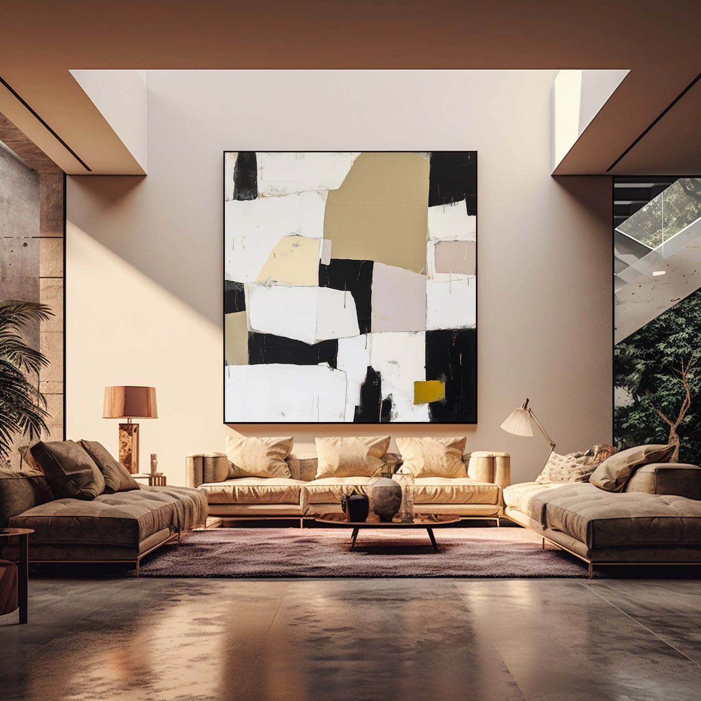 Contemporary Abstract Oil Painting in Black, White, and Gold Tones for Modern Interiors