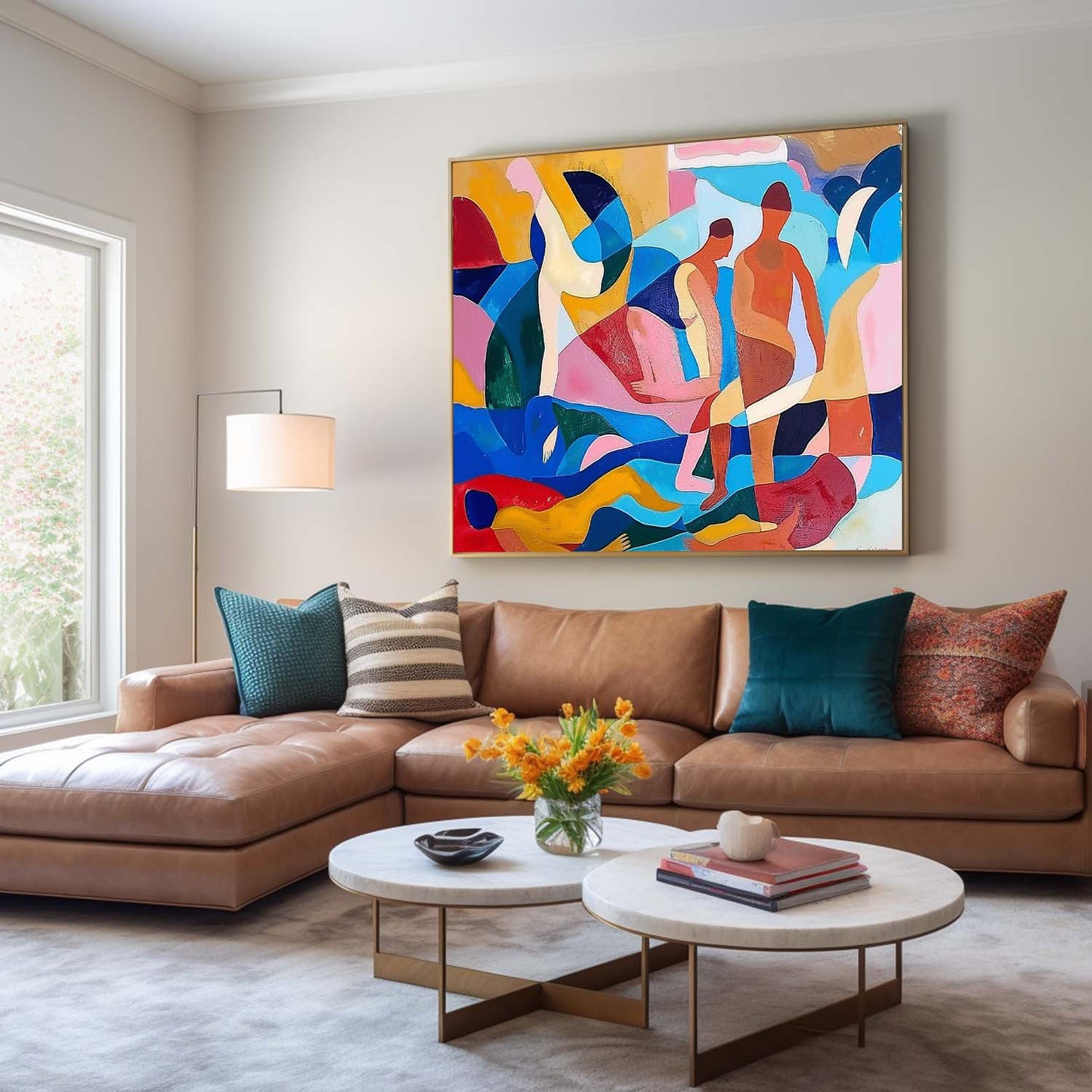 Colorful Abstract Oil Painting of Human Figures in Dynamic Composition
