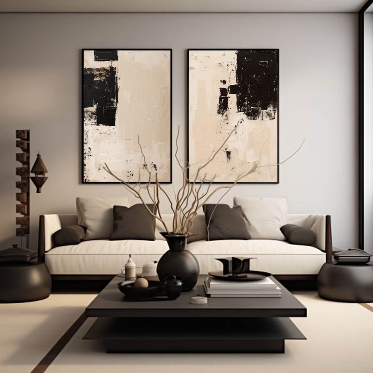 Modern Minimalist Black and Beige Abstract Oil Painting for Contemporary Decor