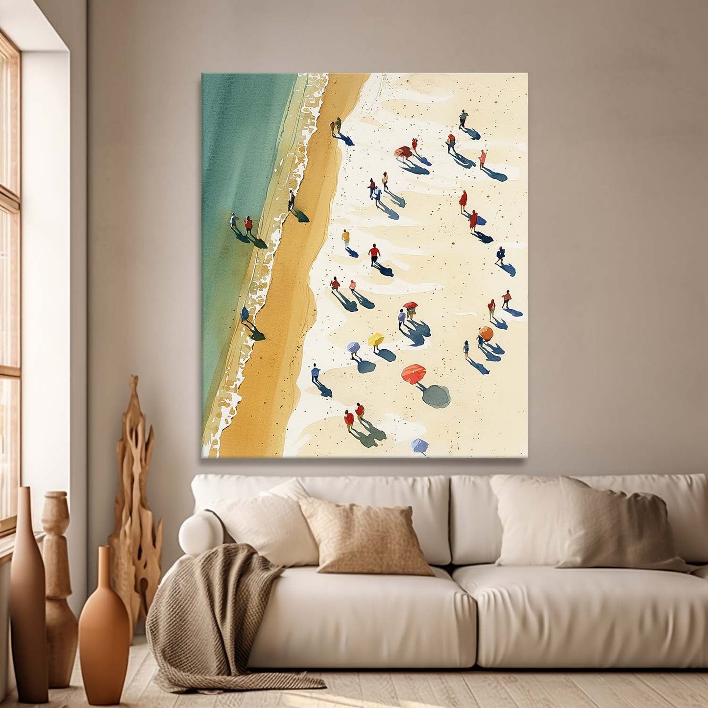 Coastal Serenity: Vibrant Oil Painting of a Beach Day with Ocean Waves and Sunbathers