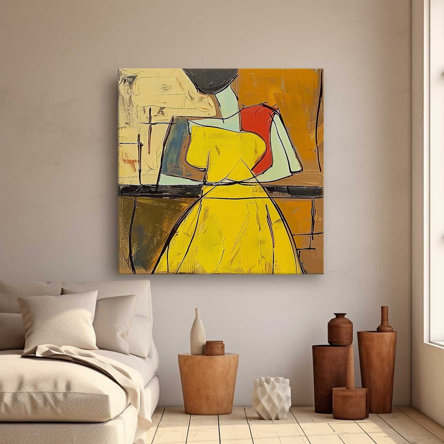 Colorful Abstract Oil Painting of a Woman in Yellow Dress - Modern Canvas Art