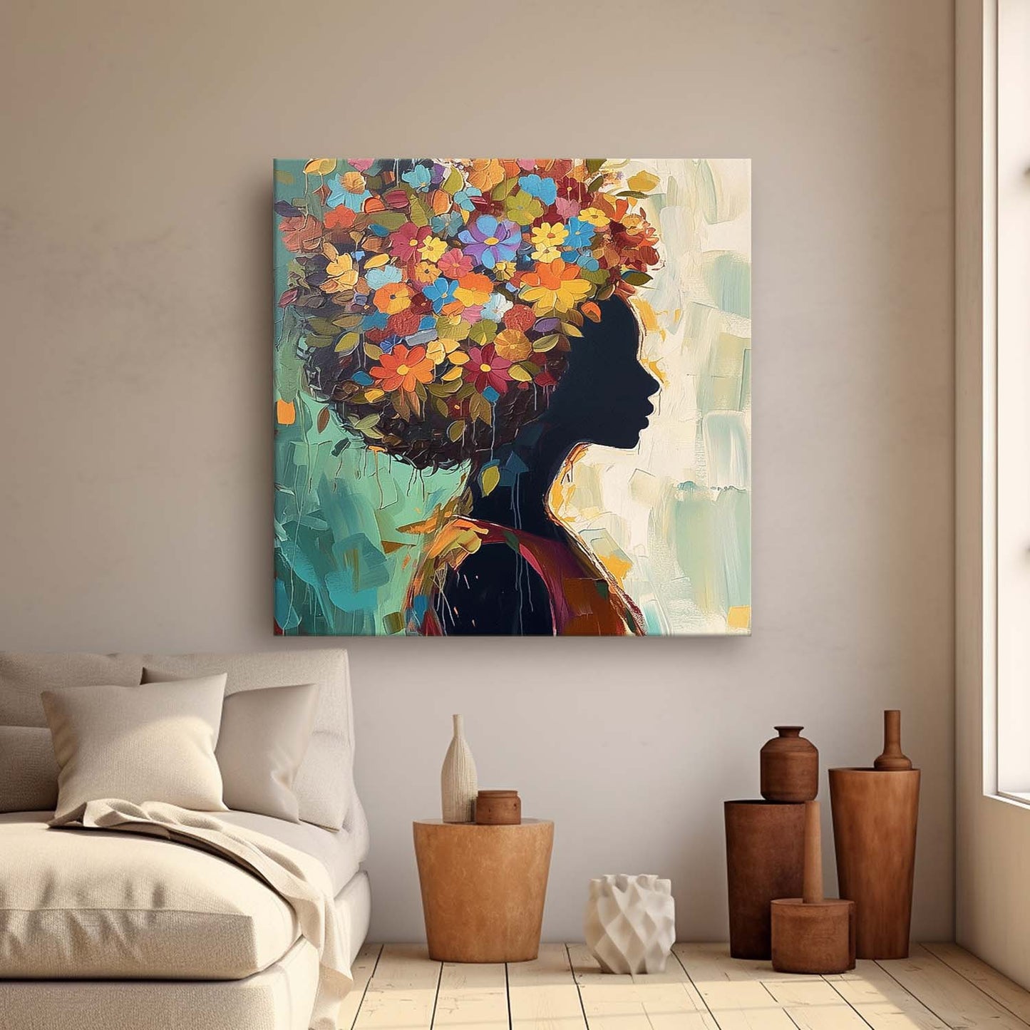 Colorful Floral Silhouette Oil Painting | Vibrant Canvas Wall Art for Home Decor