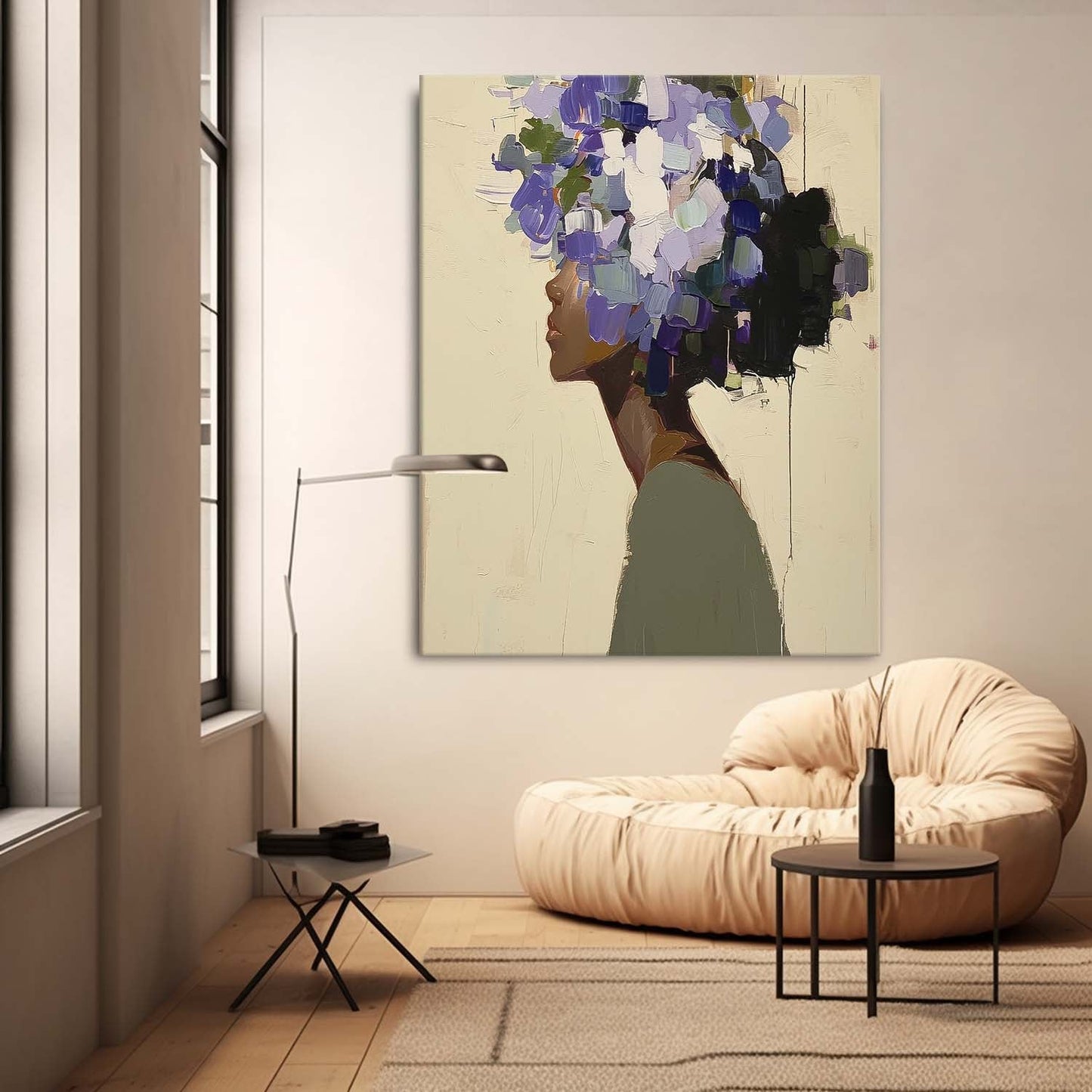 Elegant Woman Silhouette with Vibrant Floral Hair - Contemporary Oil Painting
