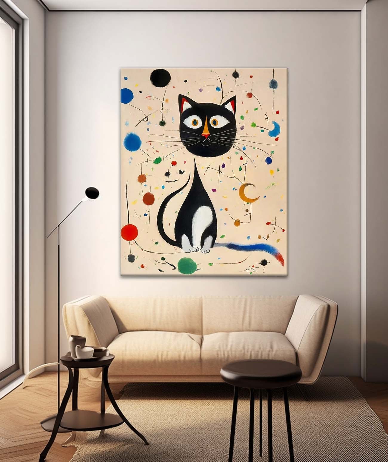 Charming Black Cat Oil Painting with Colorful Abstract Surroundings