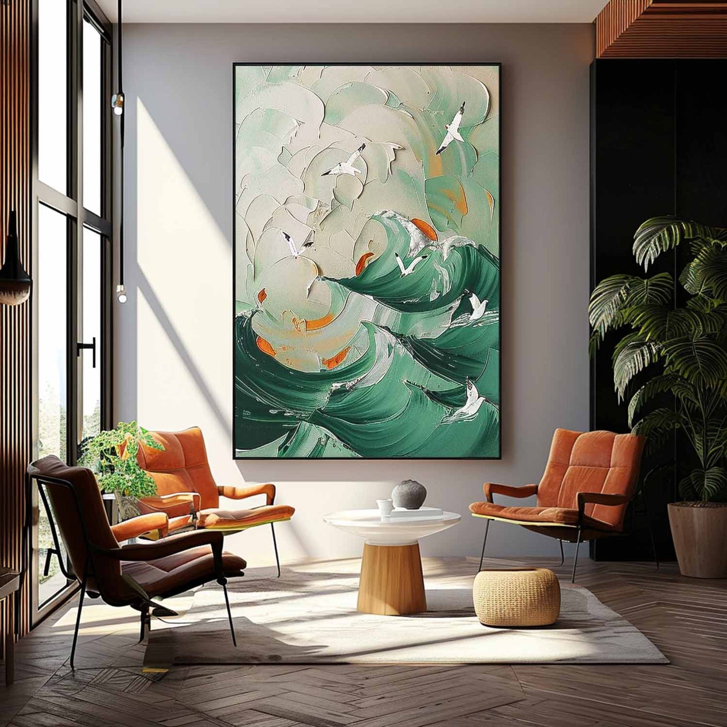 Serene Ocean Waves Oil Painting with Seagulls - Coastal Beach Art for Home Decor