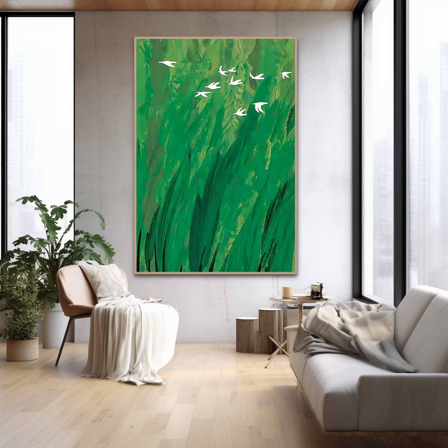 Serene Green Minimalist Oil Painting with White Birds in Flight