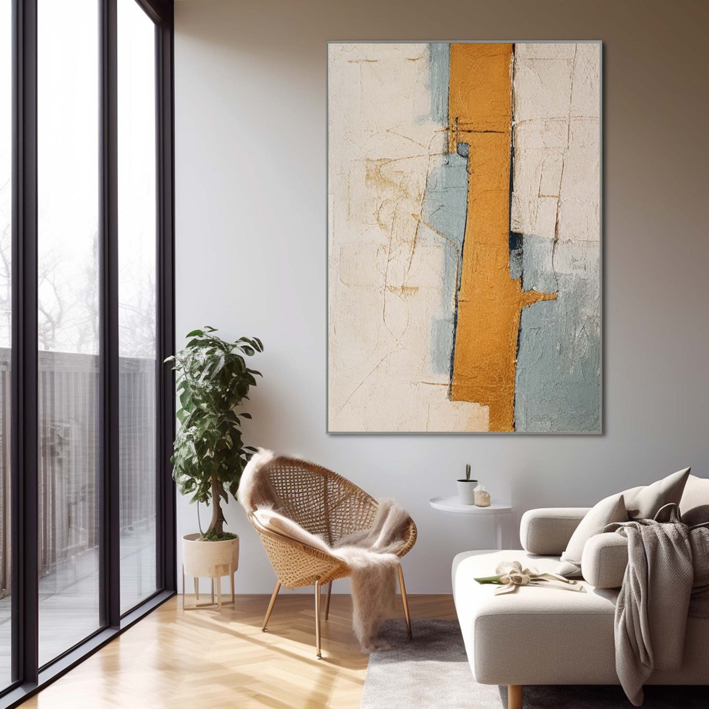Contemporary Abstract Oil Painting with Warm Gold and Cool Blue Tones