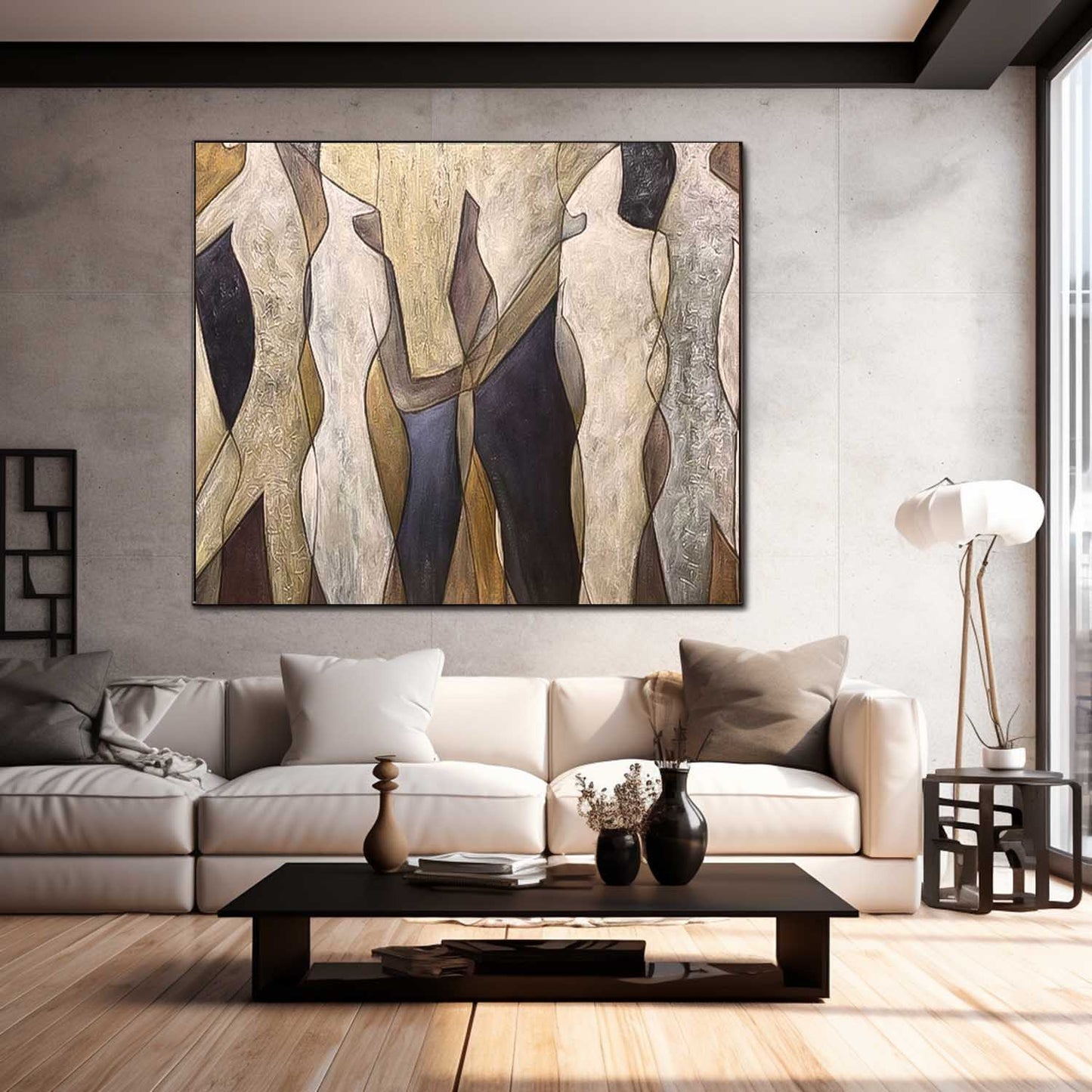 Contemporary Abstract Oil Painting of Figures in Earthy Tones for Modern Decor