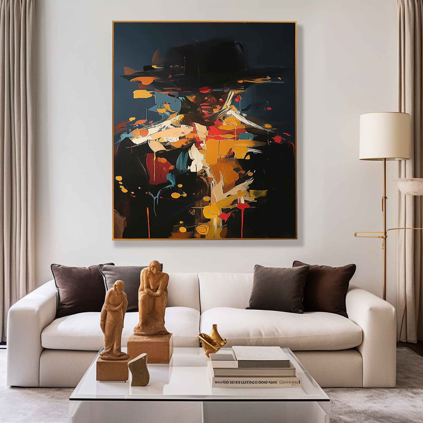 Abstract Figure Oil Painting with Bold Colors and Unique Hat Design