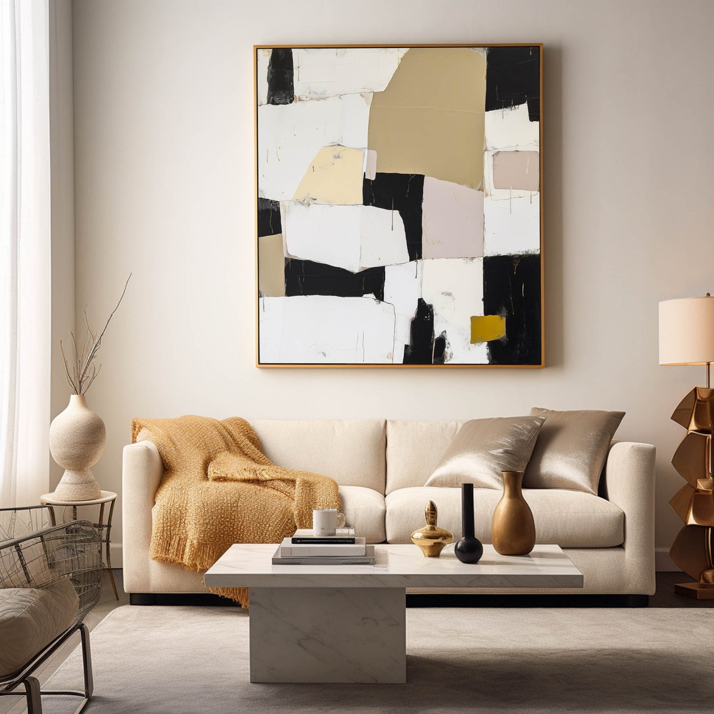 Contemporary Abstract Oil Painting in Black, White, and Gold Tones for Modern Interiors