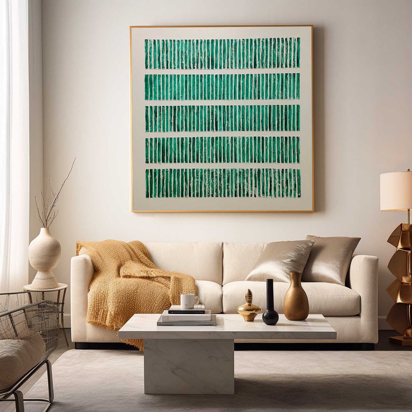 Abstract Green Stripe Oil Painting for Modern Minimalist Home Decor
