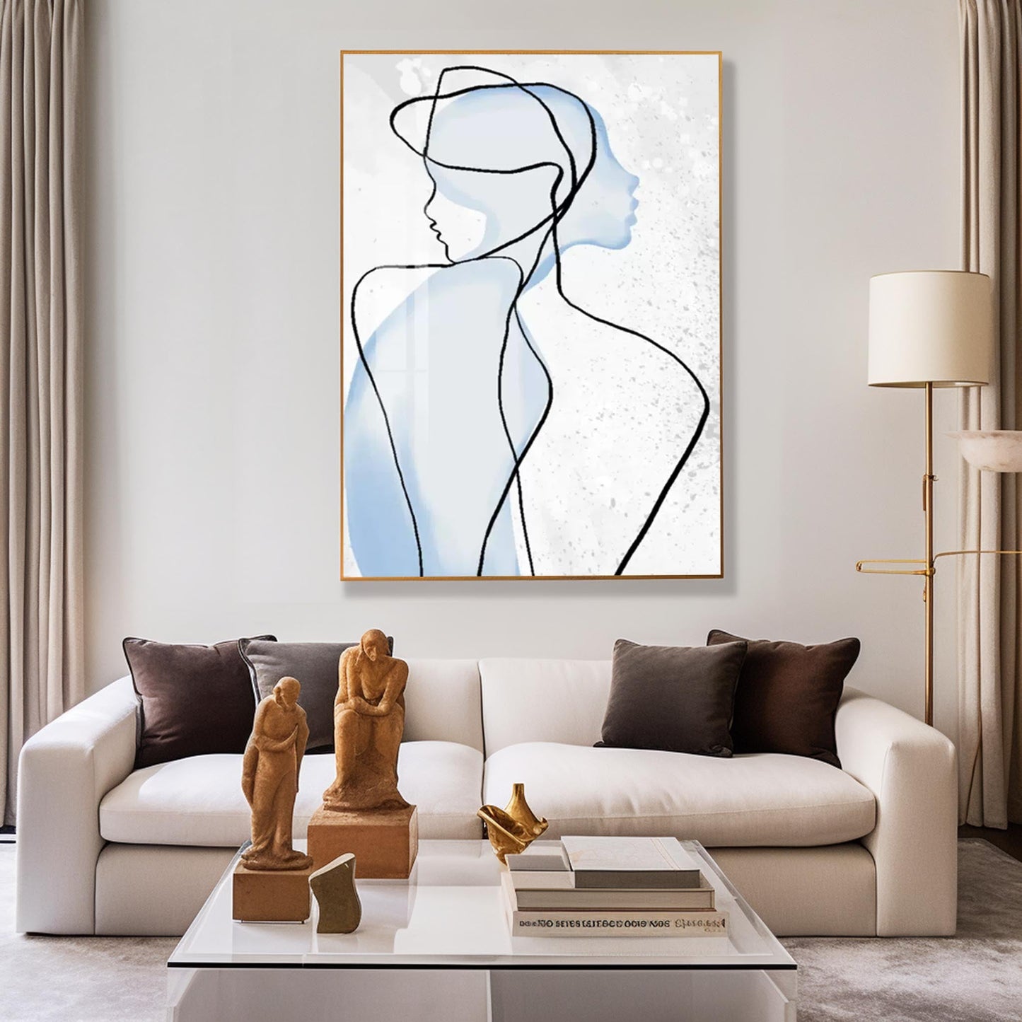 Contemporary Abstract Oil Painting of Blue Silhouetted Figures on Canvas