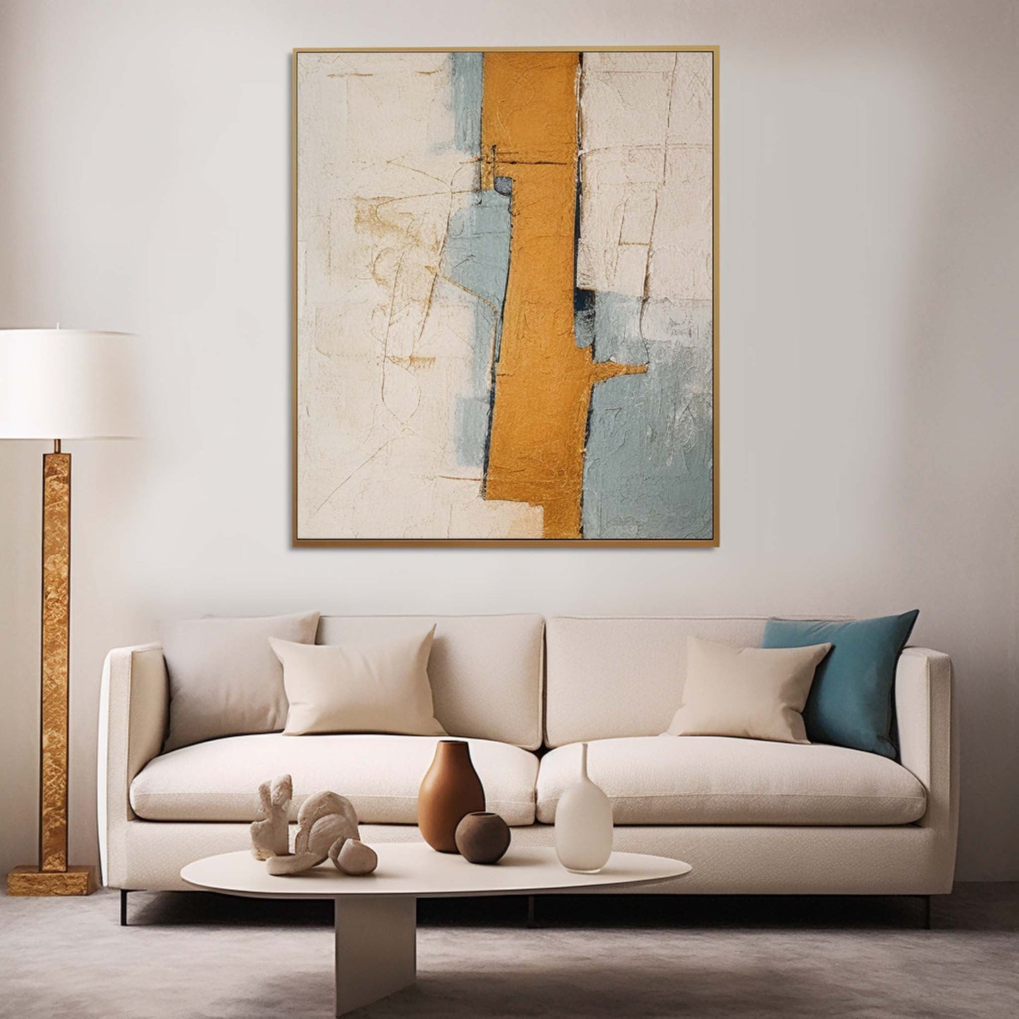 Contemporary Abstract Oil Painting with Warm Gold and Cool Blue Tones