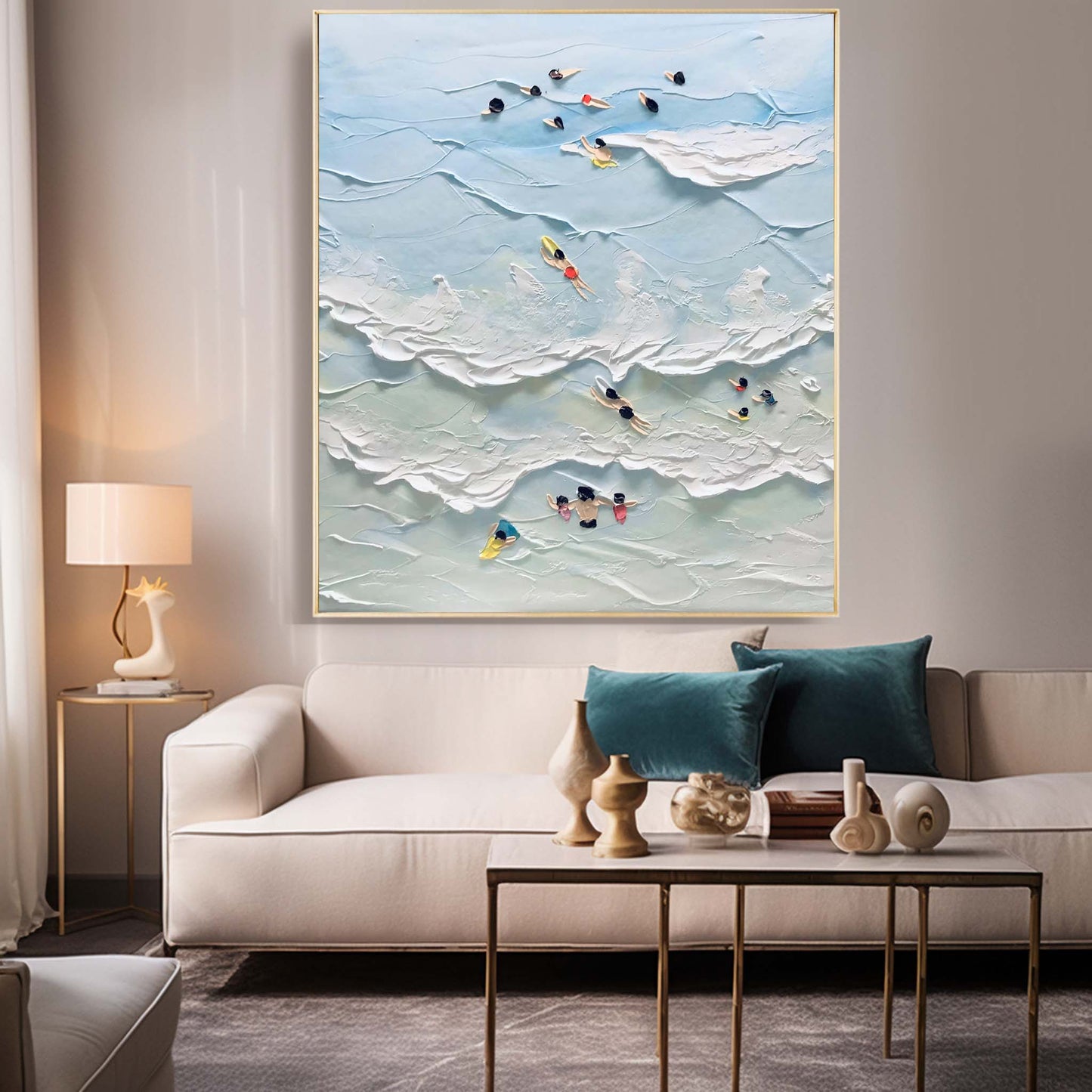 Vibrant Beach Scene Oil Painting with Swimmers and Ocean Waves