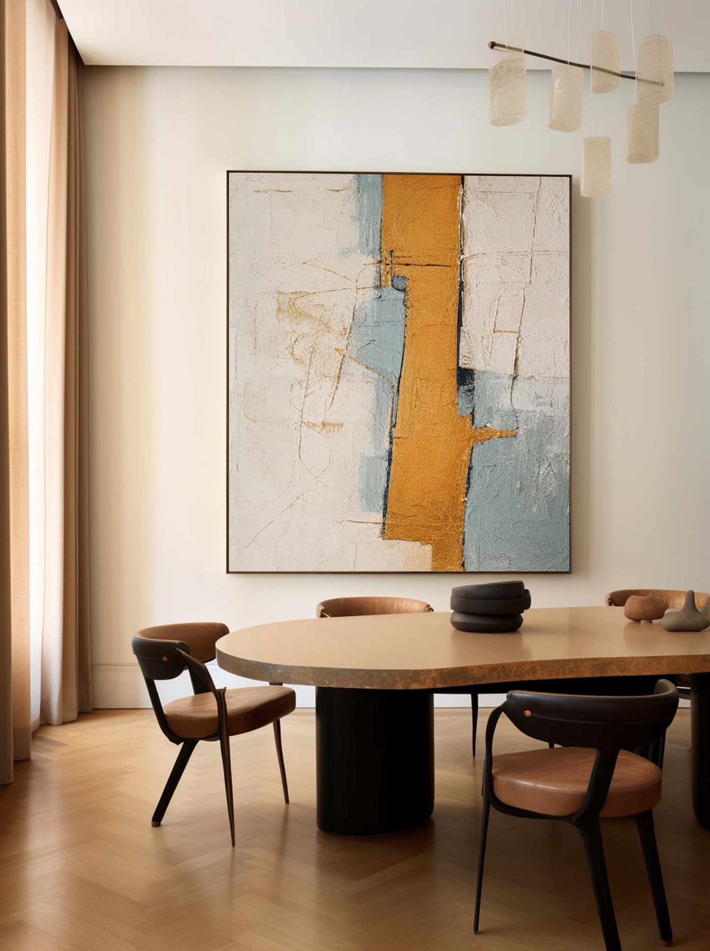 Contemporary Abstract Oil Painting with Warm Gold and Cool Blue Tones